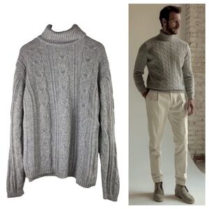 Gap Mens Large Turtleneck Sweater Pullover Lambs Wool Gray Chunky Cable Knit